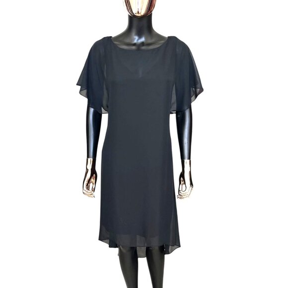 Adrianna Papell Chiffon Overlay Dress Flutter Sleeves Black Midi SZ 12-14 Approx - Picture 2 of 12